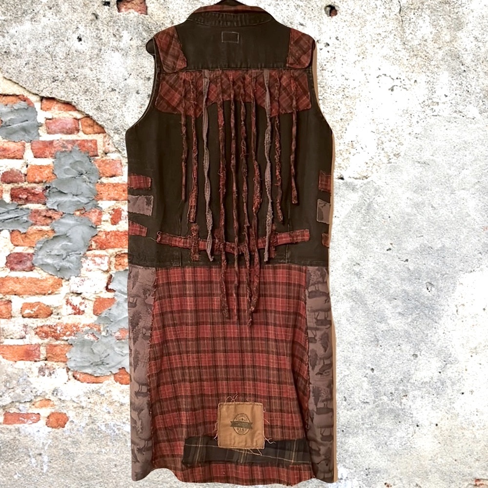 Upcycled distressed denim wilderness flannel patched duster fringe back vest